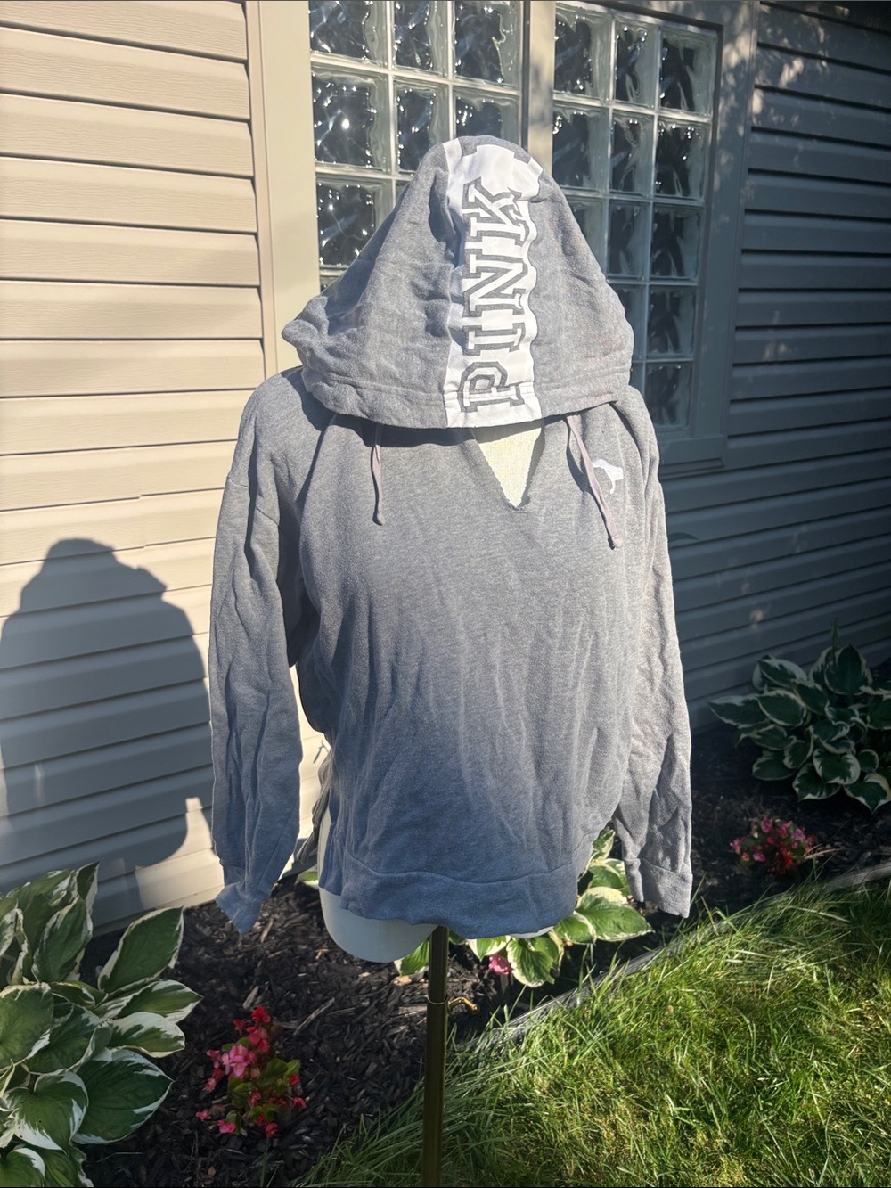 PINK Victoria's Secret Gray Hooded Pullover with White Hood Logo Stripe